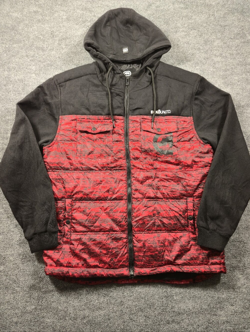 Ecko Unltd Mens Puffer Hybrid Hoodie Jacket Red Black Glitch Print Size Large